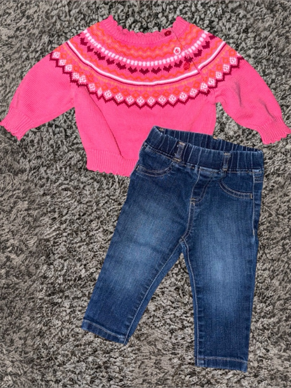 Pink Patterned Sweater and Denim Jeans Outfit